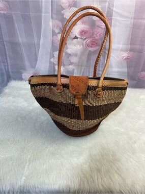 Woven Straw Tote Bag with Leather Trim - Brown & Tan
